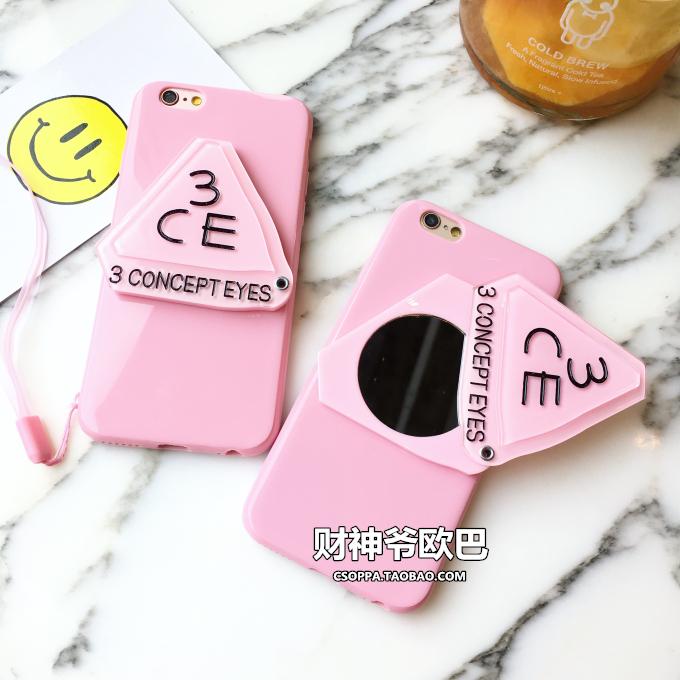 韩国可爱粉色化妆镜子iphone6s手机壳苹果6plus硅胶套防摔软壳女
