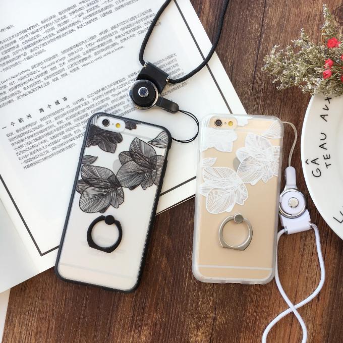黑白碎花Iphone7/6s手机壳指环支架苹果6lus透明磨砂挂绳保护套女