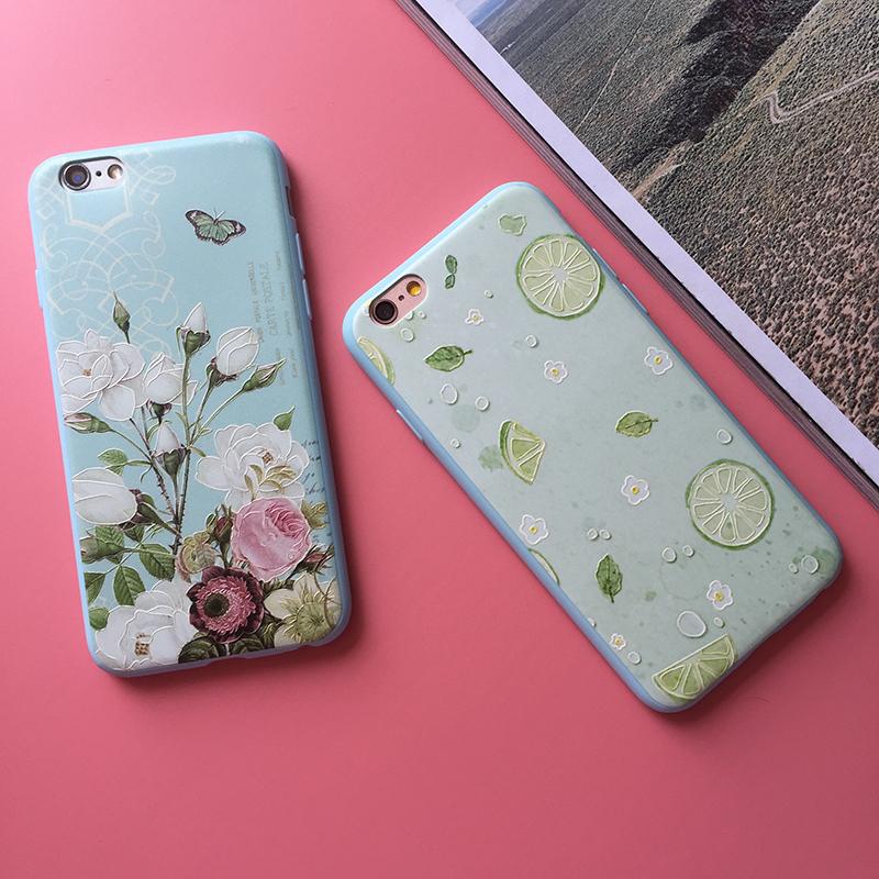 苹果6splus手机壳超薄浮雕日韩 iphone6s硅胶清新全包软柠檬花朵